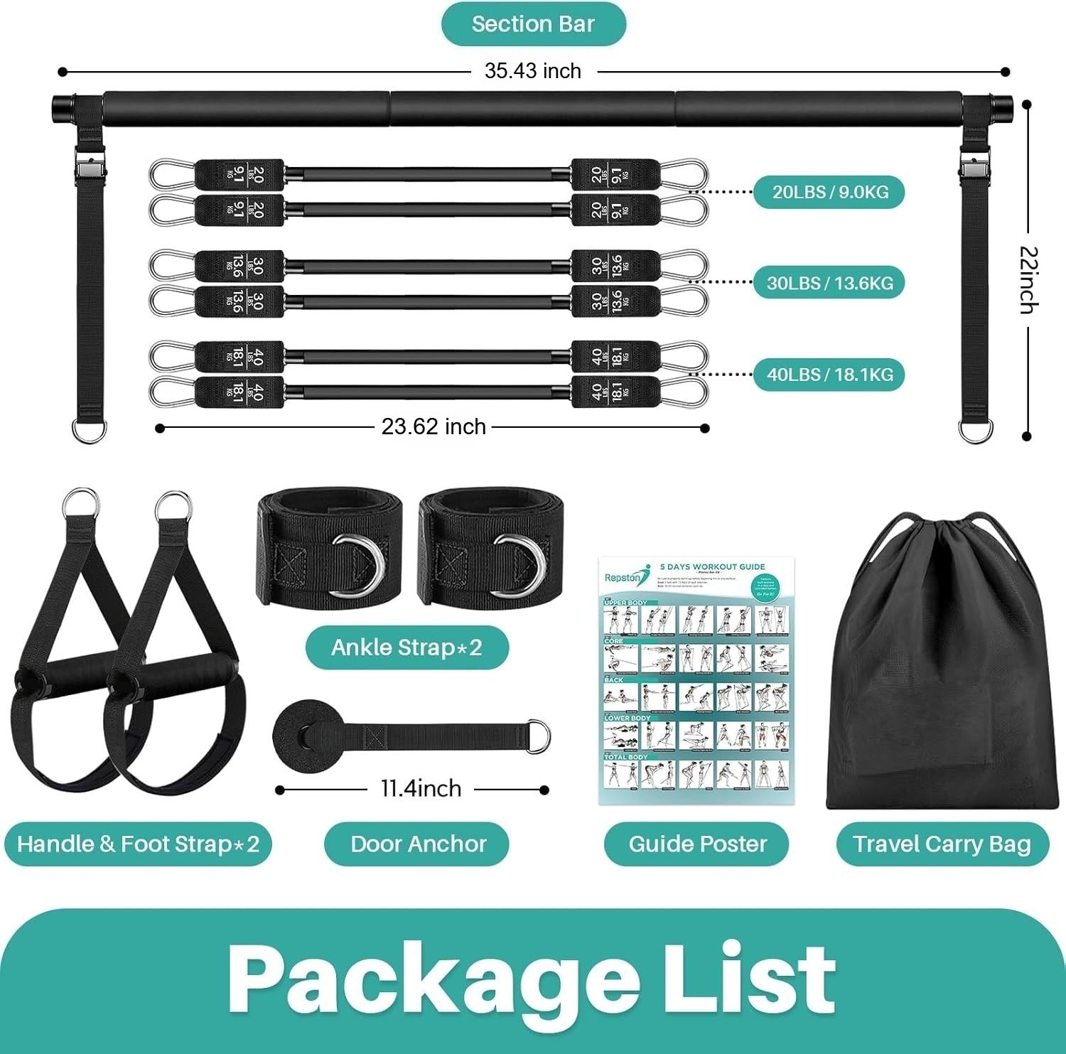 Pilates Bar Kit with Resistance Bands - Home Studio System