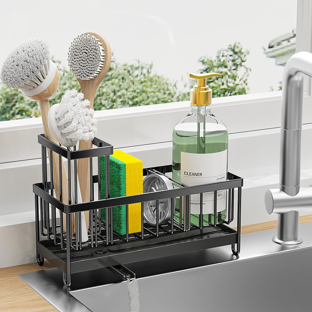 Kitchen Sink Organizer Caddy with Drain Tray & Brush Holder