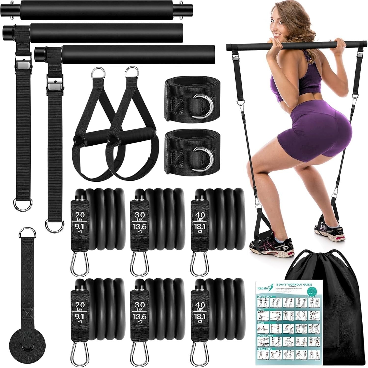 Pilates Bar Kit with Resistance Bands - Home Studio System