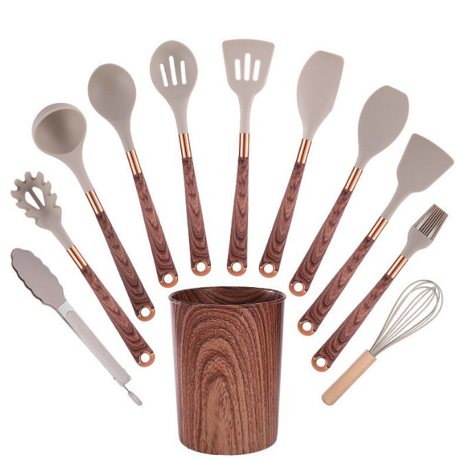 12-Piece Silicone Kitchen Utensil Set with Natural Wood Grain