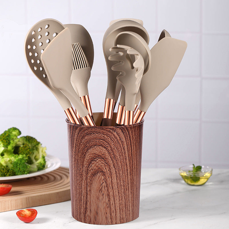 12-Piece Silicone Kitchen Utensil Set with Natural Wood Grain