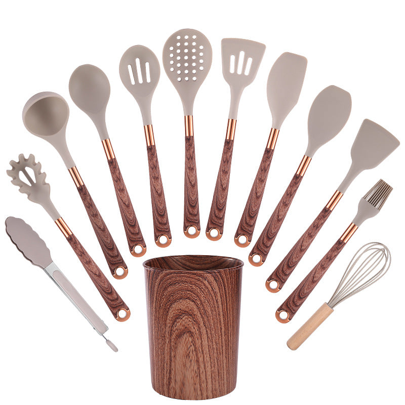 12-Piece Silicone Kitchen Utensil Set with Natural Wood Grain